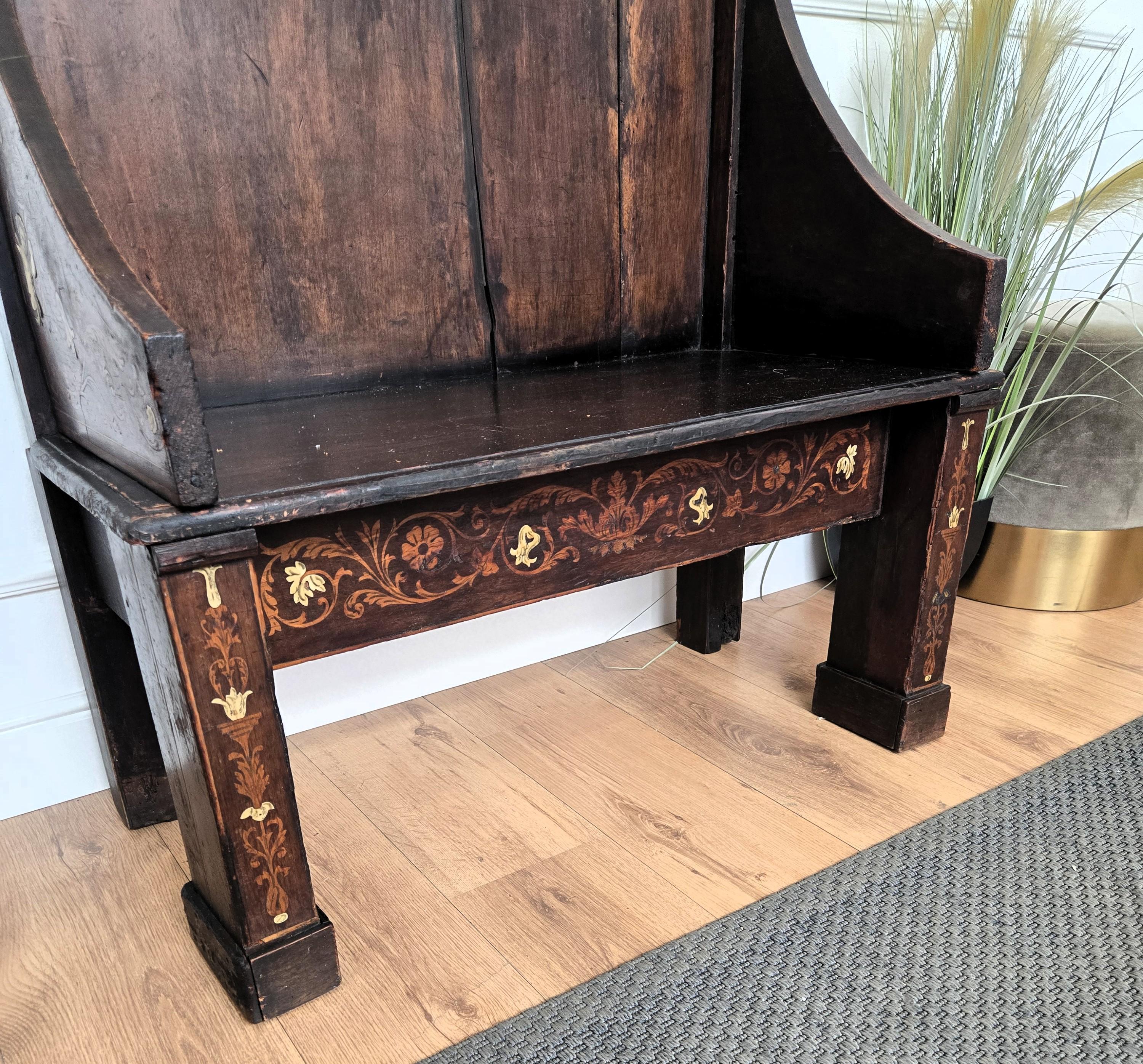 Antique Italian Primitive Rustic Country Marquetry Inlay Wooden Bench For Sale 4