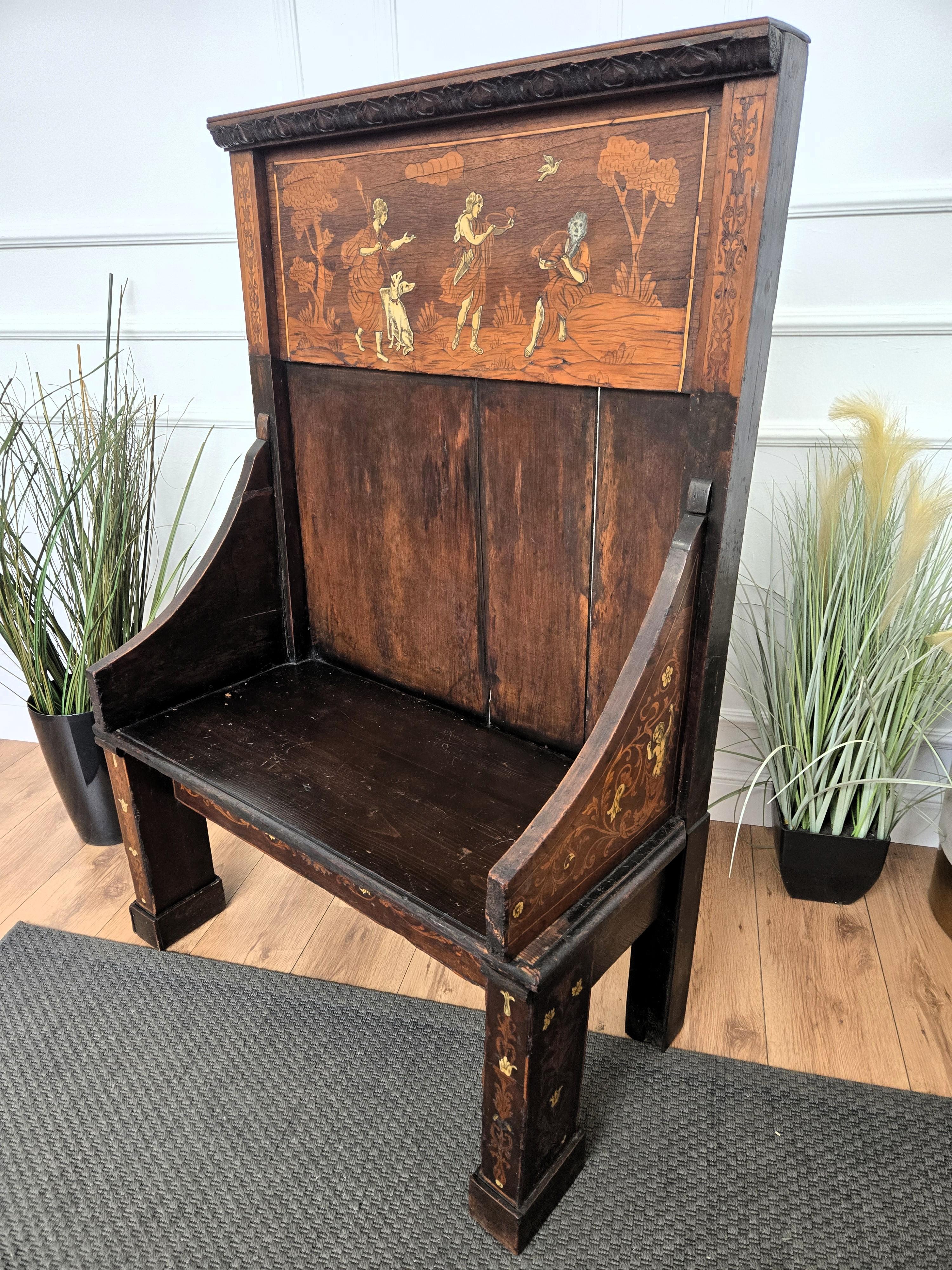 Antique Italian Primitive Rustic Country Marquetry Inlay Wooden Bench For Sale 5