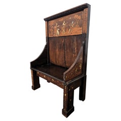 Antique Italian Primitive Rustic Country Marquetry Inlay Wooden Bench