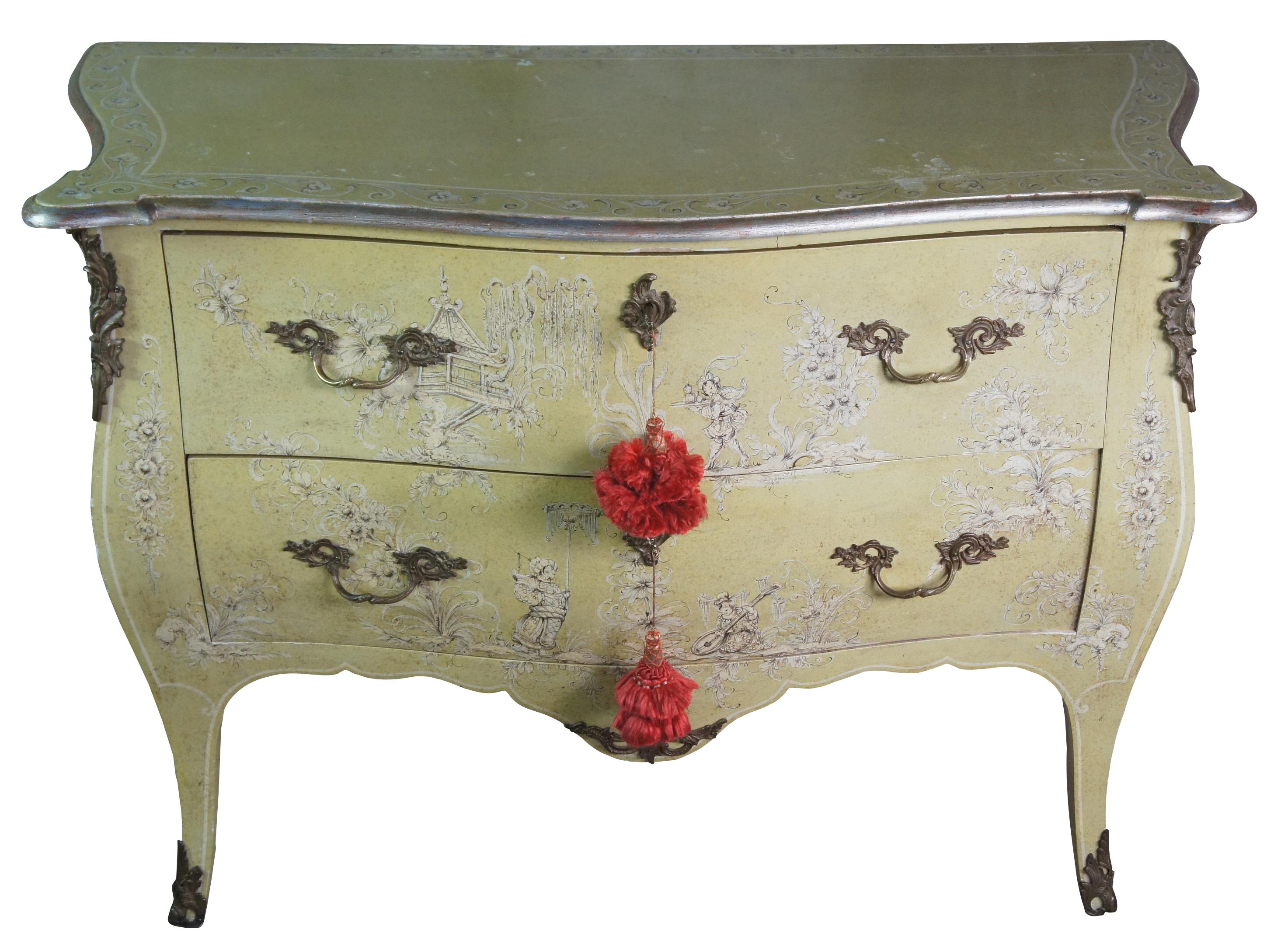 Antique Chinoiserie bombe commode or chest featuring serpentine form with baroque designs, and painted floral landscape scenes of trees and pagodas featuring geishas, warriors, musicians and service staff. Includes bronze ormalu mounts and 2 keys.
 