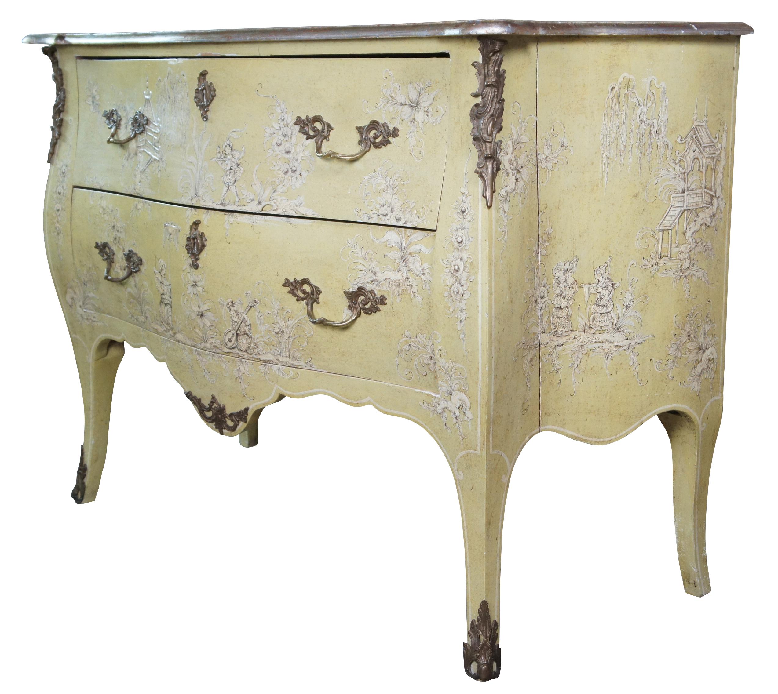 Antique Italian Provincial Chinoiserie Serpentine Bombe Commode Chest Dresser In Good Condition In Dayton, OH
