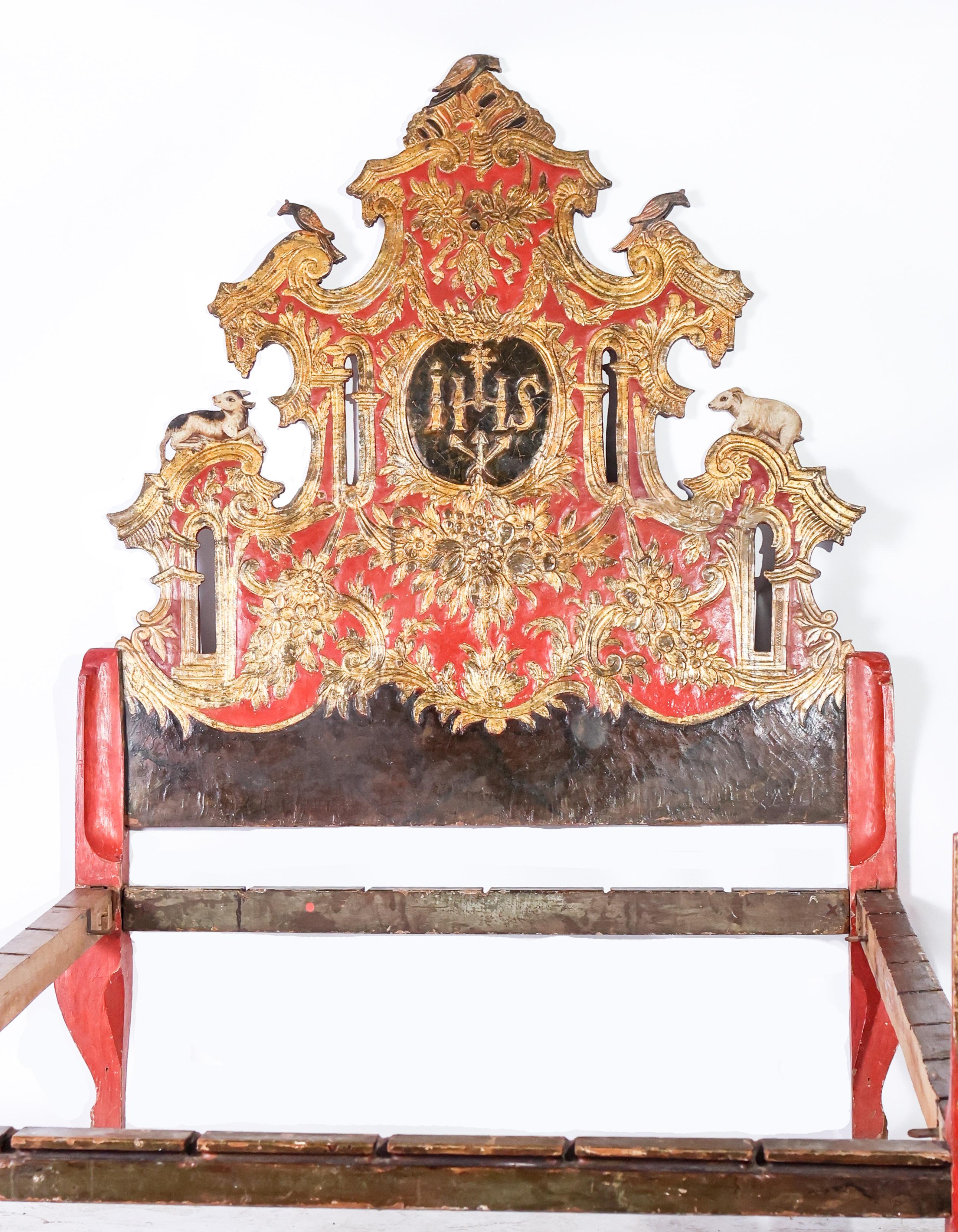 Wood Antique Italian Red and Gilt Bed For Sale