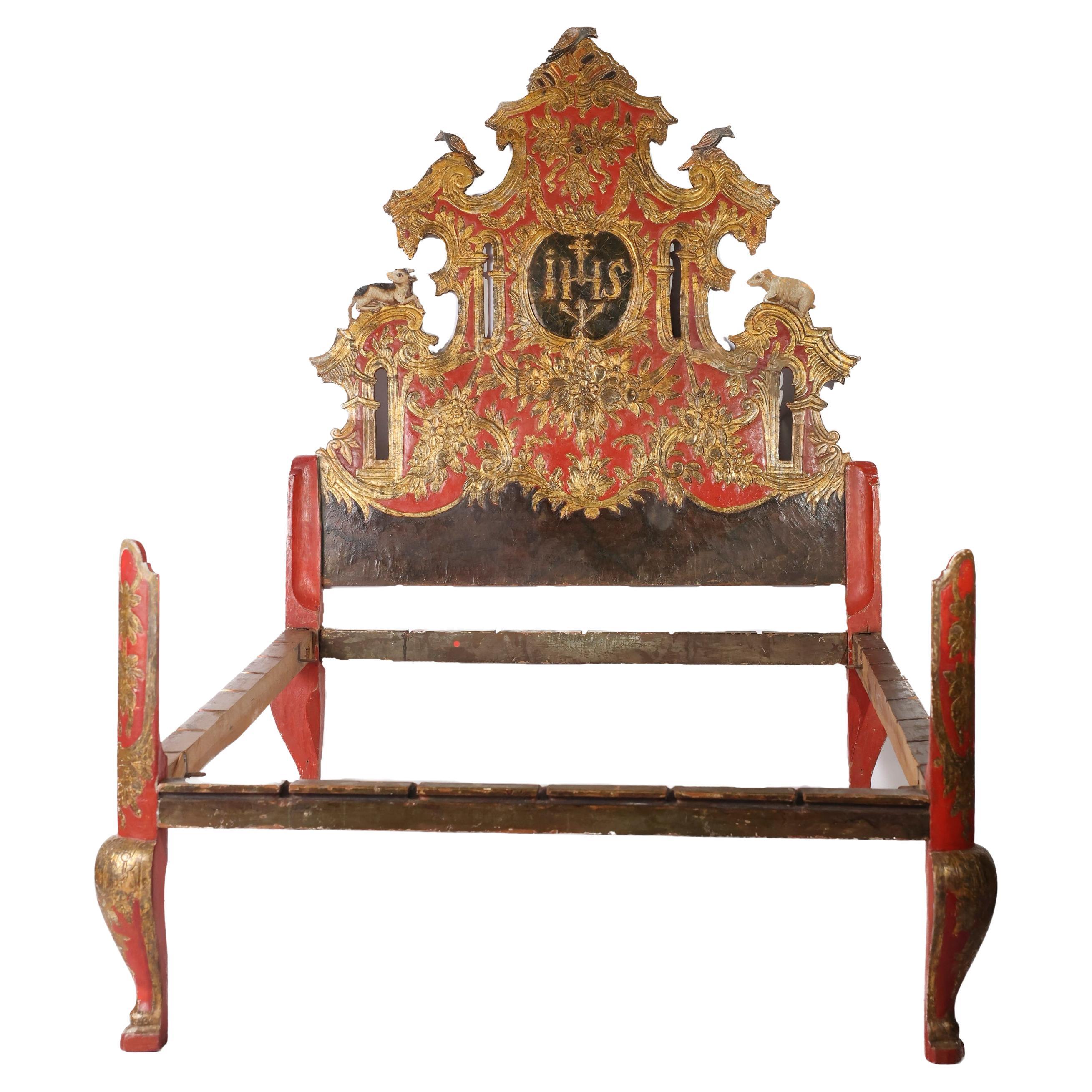Antique Italian Red and Gilt Bed For Sale