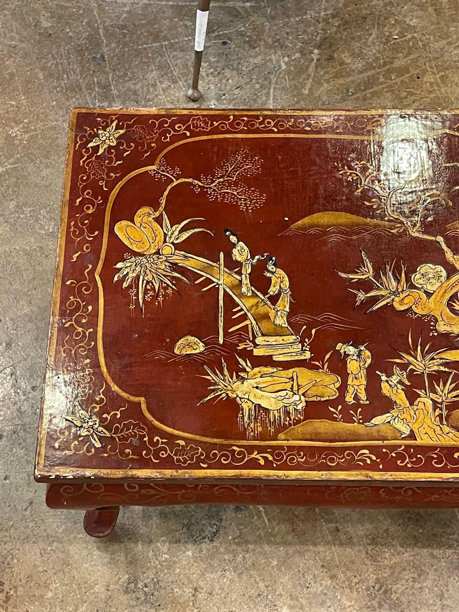 Antique Italian Red Chinoiserie Decorated Coffee Table In Good Condition In Dallas, TX