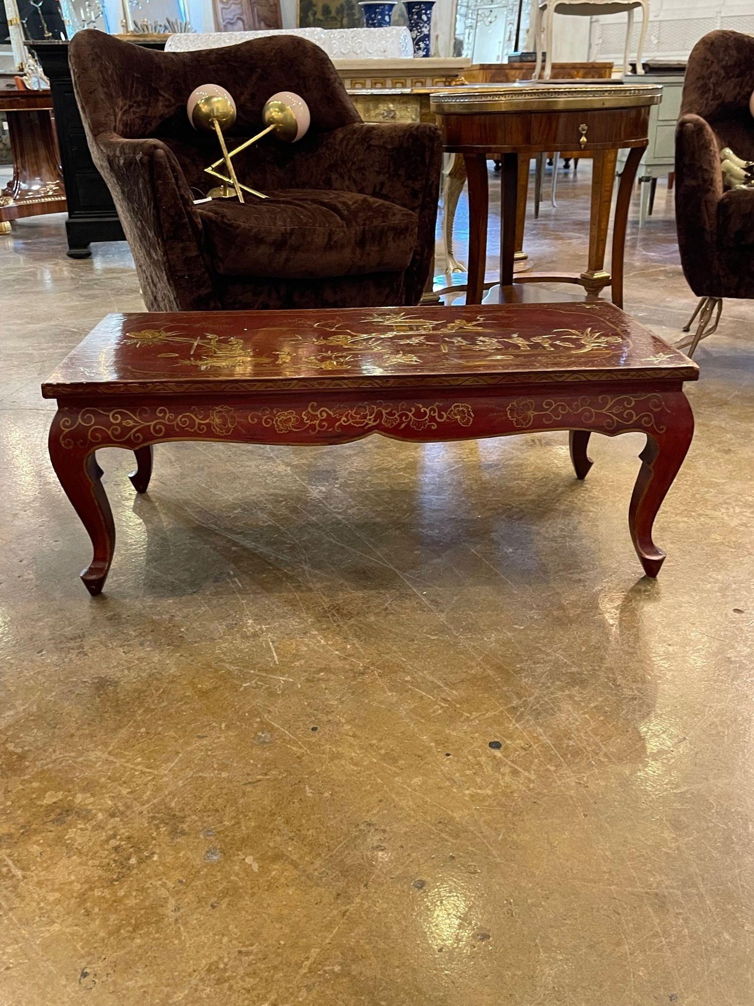 Wood Antique Italian Red Chinoiserie Decorated Coffee Table