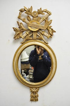 Antique Italian Regency Carved Wood Round Cream & Gold Wall Mirror by M Grieve