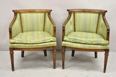 Antique Italian Regency Distress Carved Walnut Barrel Back Club Arm Chair, Pair