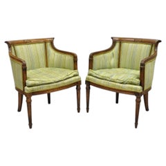 Antique Italian Regency Distress Carved Walnut Barrel Back Club Arm Chair, Pair