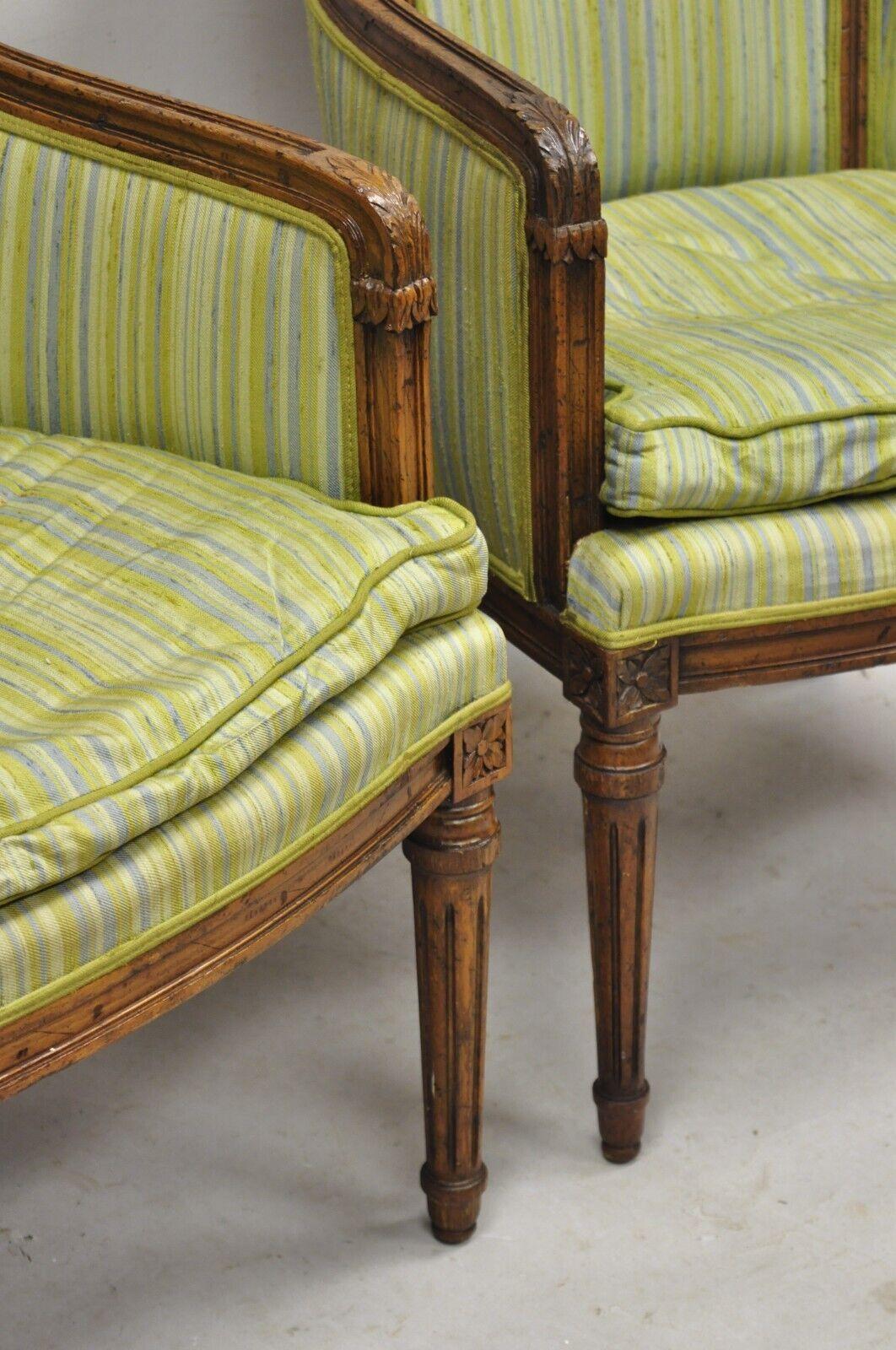 Antique Italian Regency Distressed Carved Walnut Barrel Back Club Chairs - Pair For Sale 8