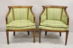 Antique Italian Regency Distressed Carved Walnut Barrel Back Club Chairs - Pair