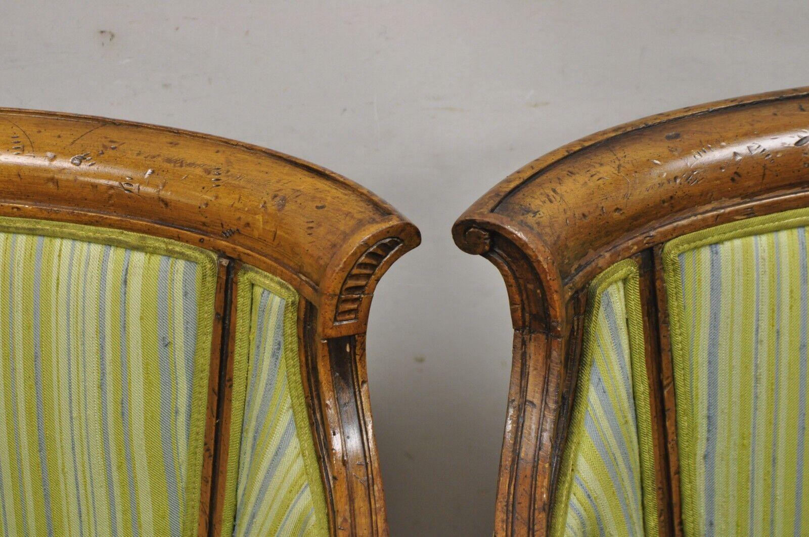 Antique Italian Regency Distressed Carved Walnut Barrel Back Club Chairs - Pair For Sale 2