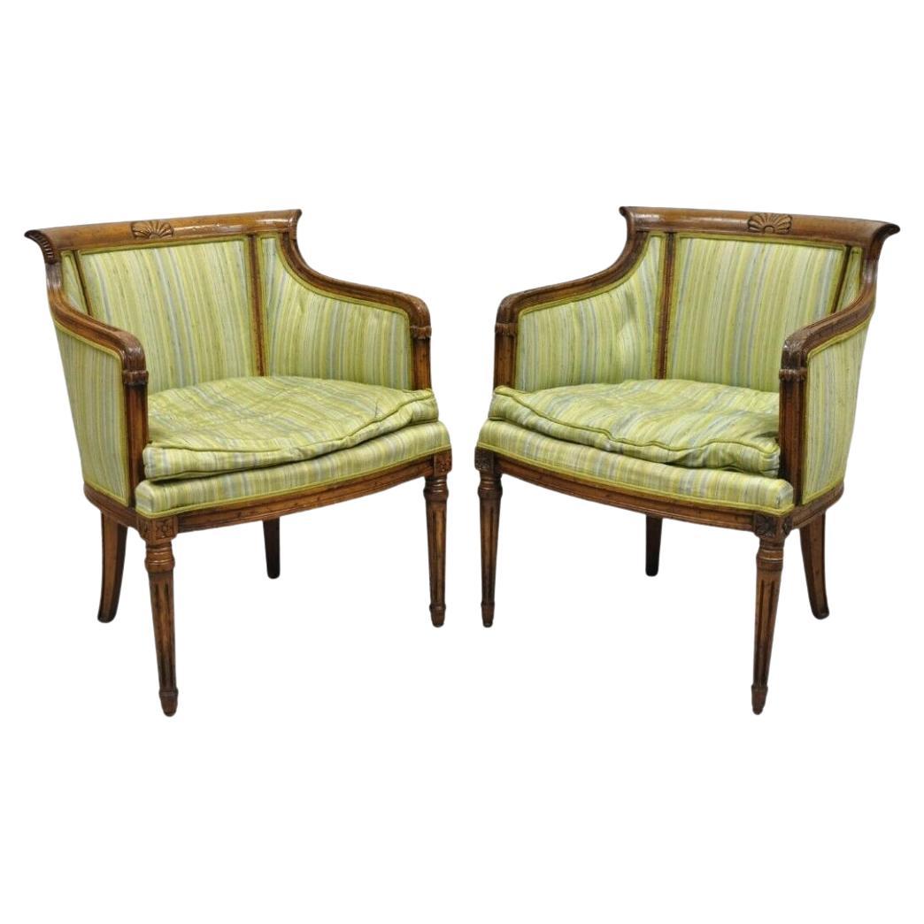 Antique Italian Regency Distressed Carved Walnut Barrel Back Club Chairs - Pair For Sale