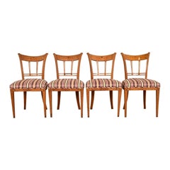 Antique Italian Regency Fruitwood Inlaid Marquetry Dining Chairs, Set of Four