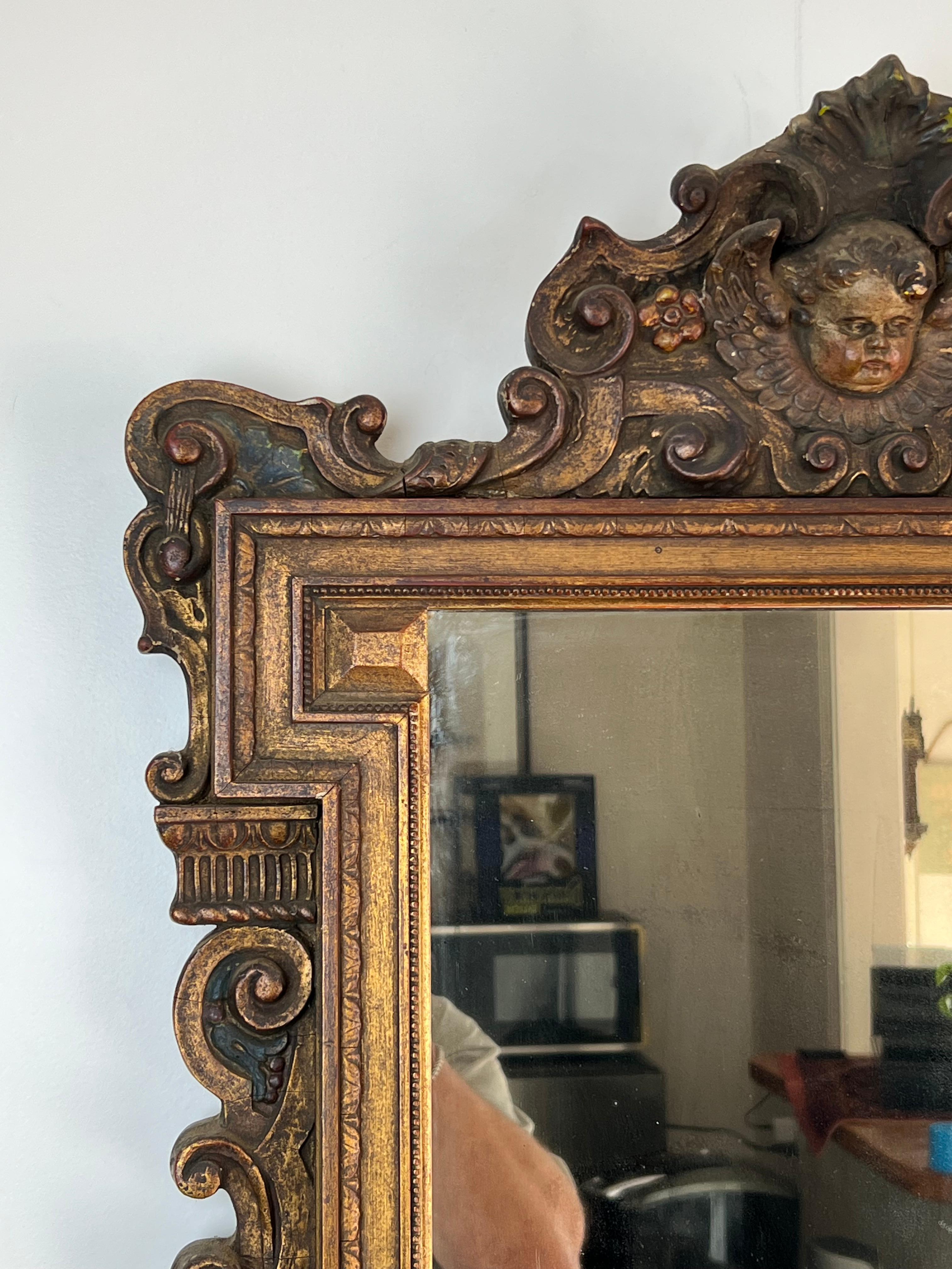 Antique Italian Regency Style Wall Mirror with Cherub Crest For Sale 6
