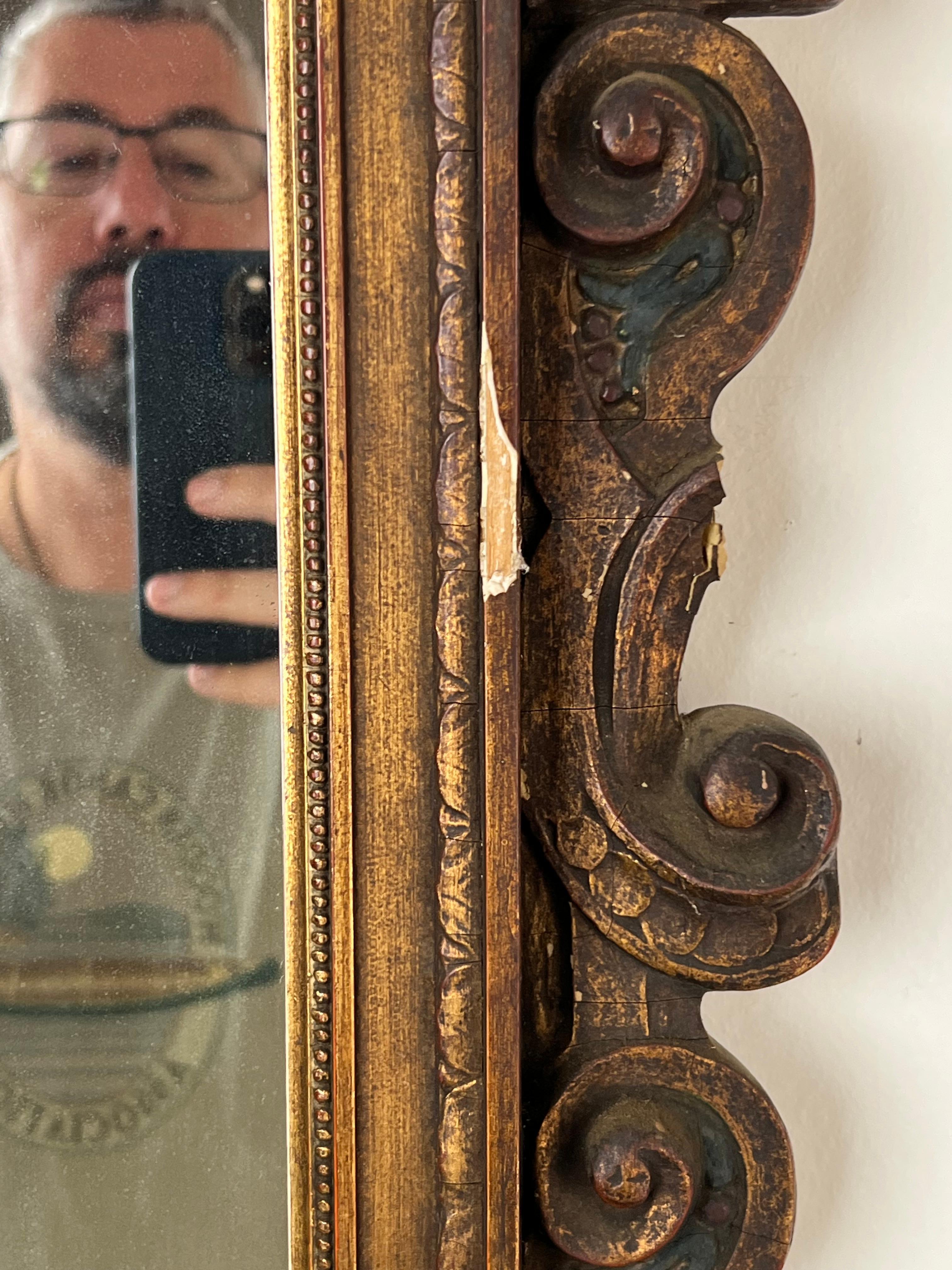 Composition Antique Italian Regency Style Wall Mirror with Cherub Crest For Sale