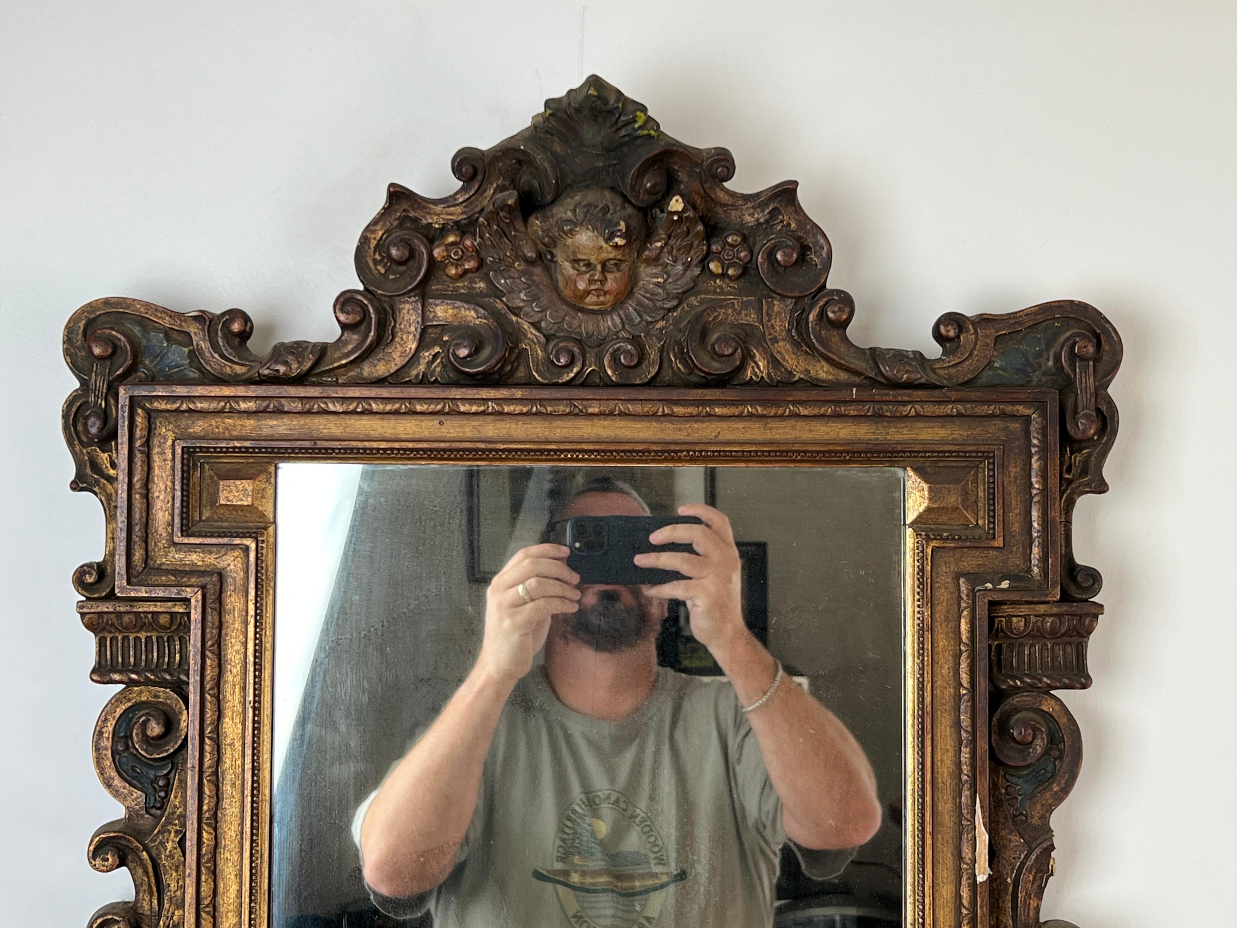 Antique Italian Regency Style Wall Mirror with Cherub Crest For Sale 2