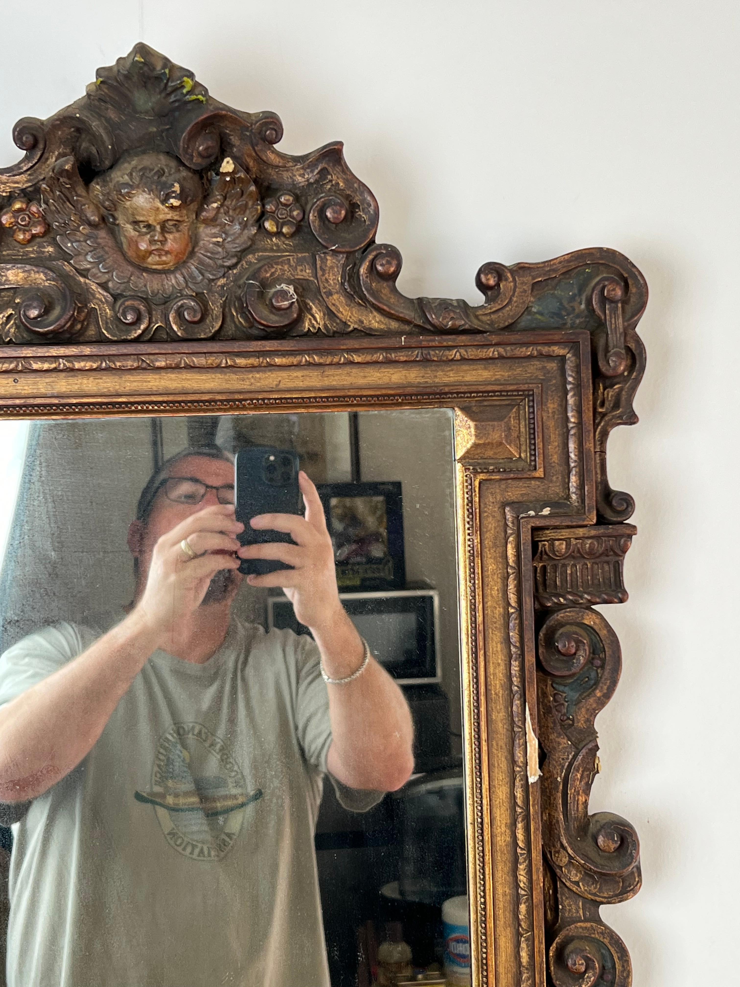 Antique Italian Regency Style Wall Mirror with Cherub Crest For Sale 3