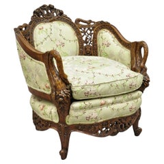 Antique Italian Regency Swan Carved Walnut French Victorian Club Lounge Chair