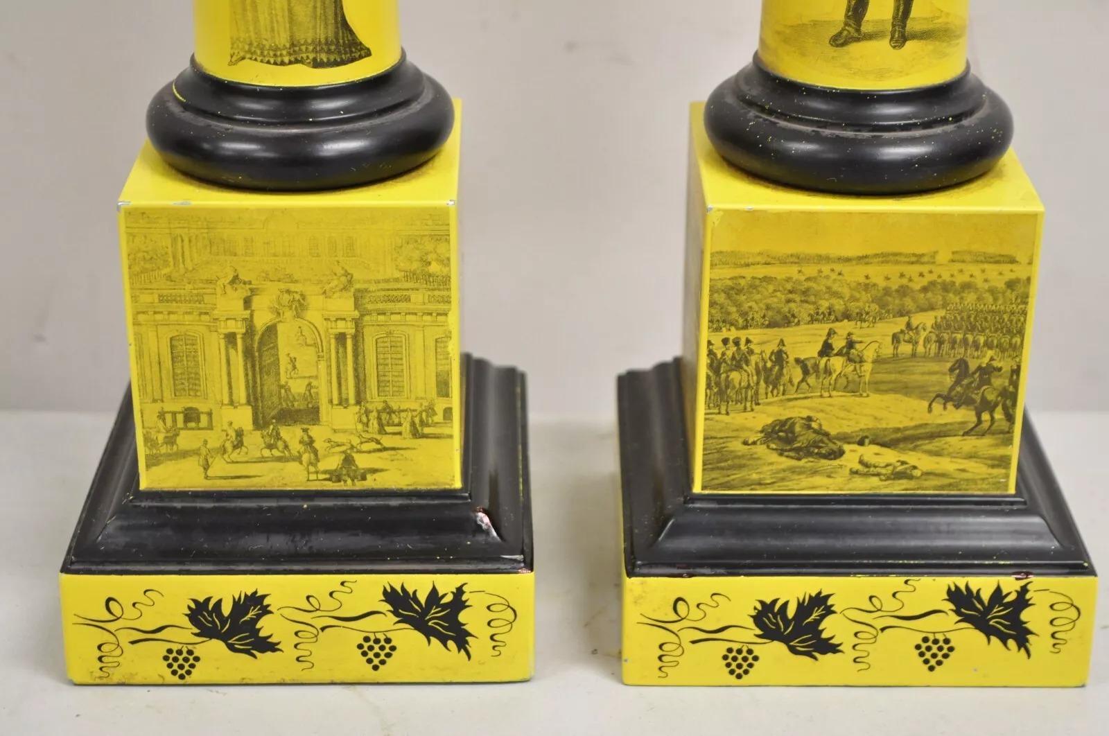 Métal Ancienne paire de lampes de table à colonne en métal tole peinte en jaune de style Régence italienne en vente