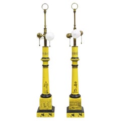Antique Italian Regency Yellow Painted French Tole Metal Column Table Lamp Pair