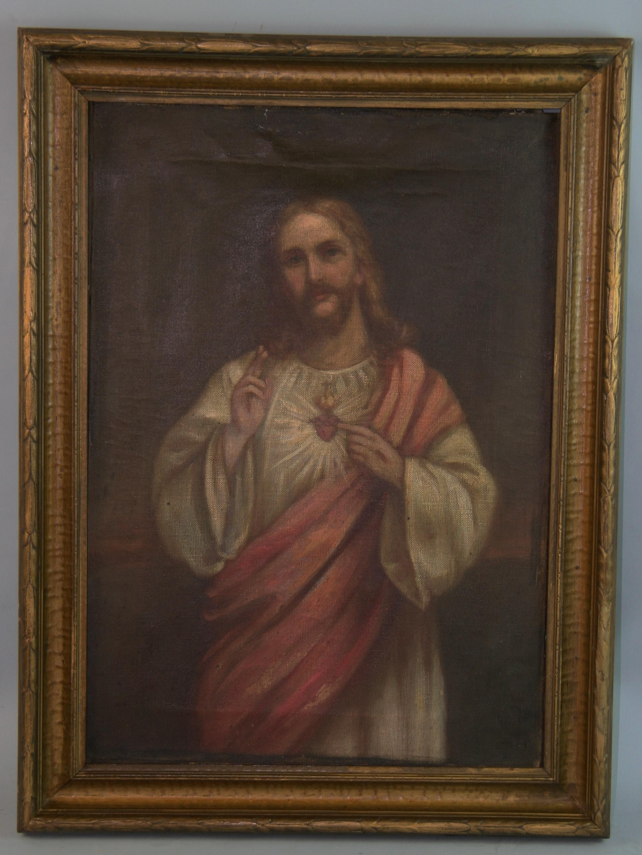 1667 Antique Italian religious oil painting of the Sacred Heart Of Jesus
Image size 20x14