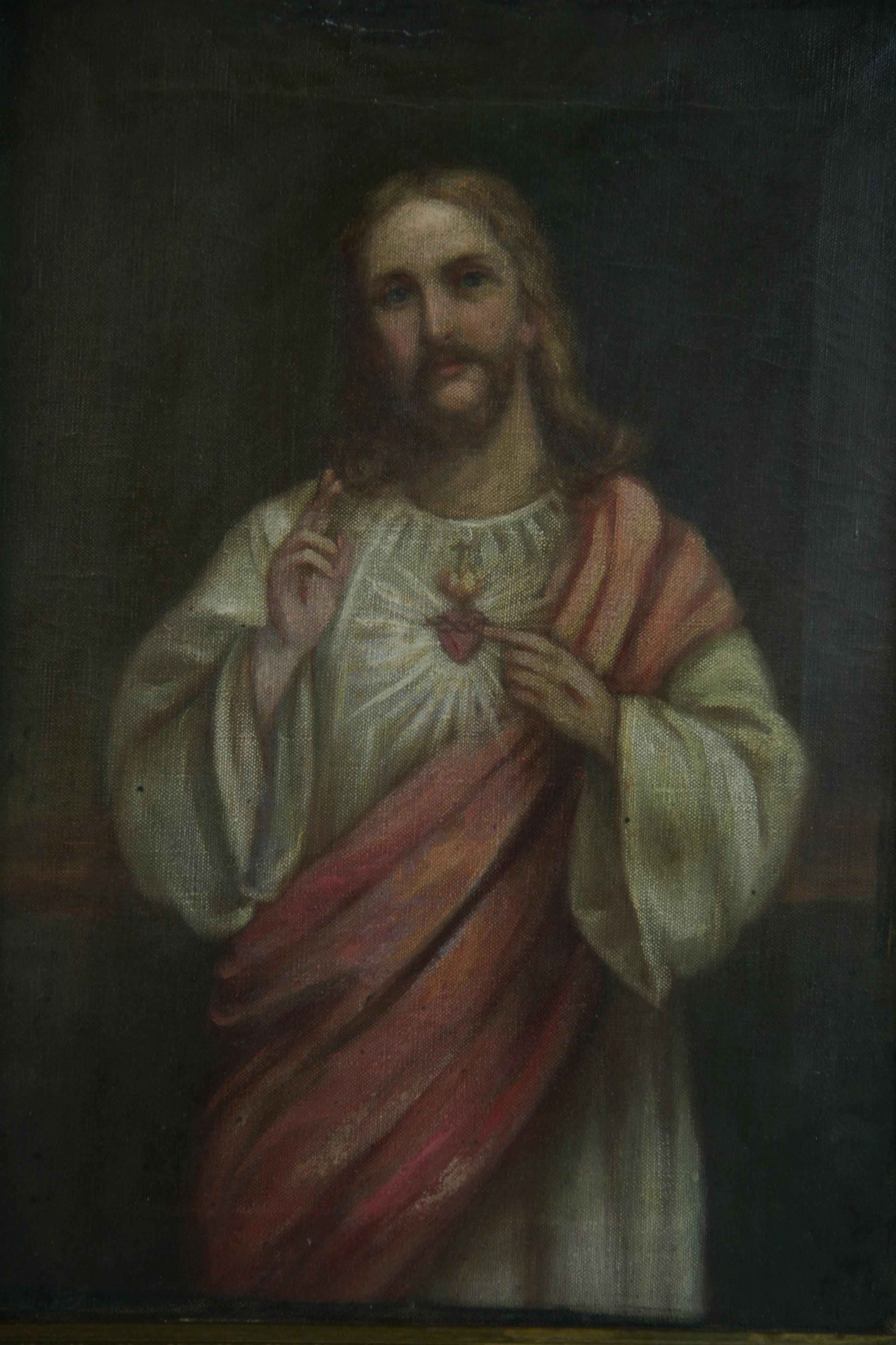 Antique Italian Religious Oil Painting of the Sacred Heart Circa 1840's In Good Condition In Douglas Manor, NY
