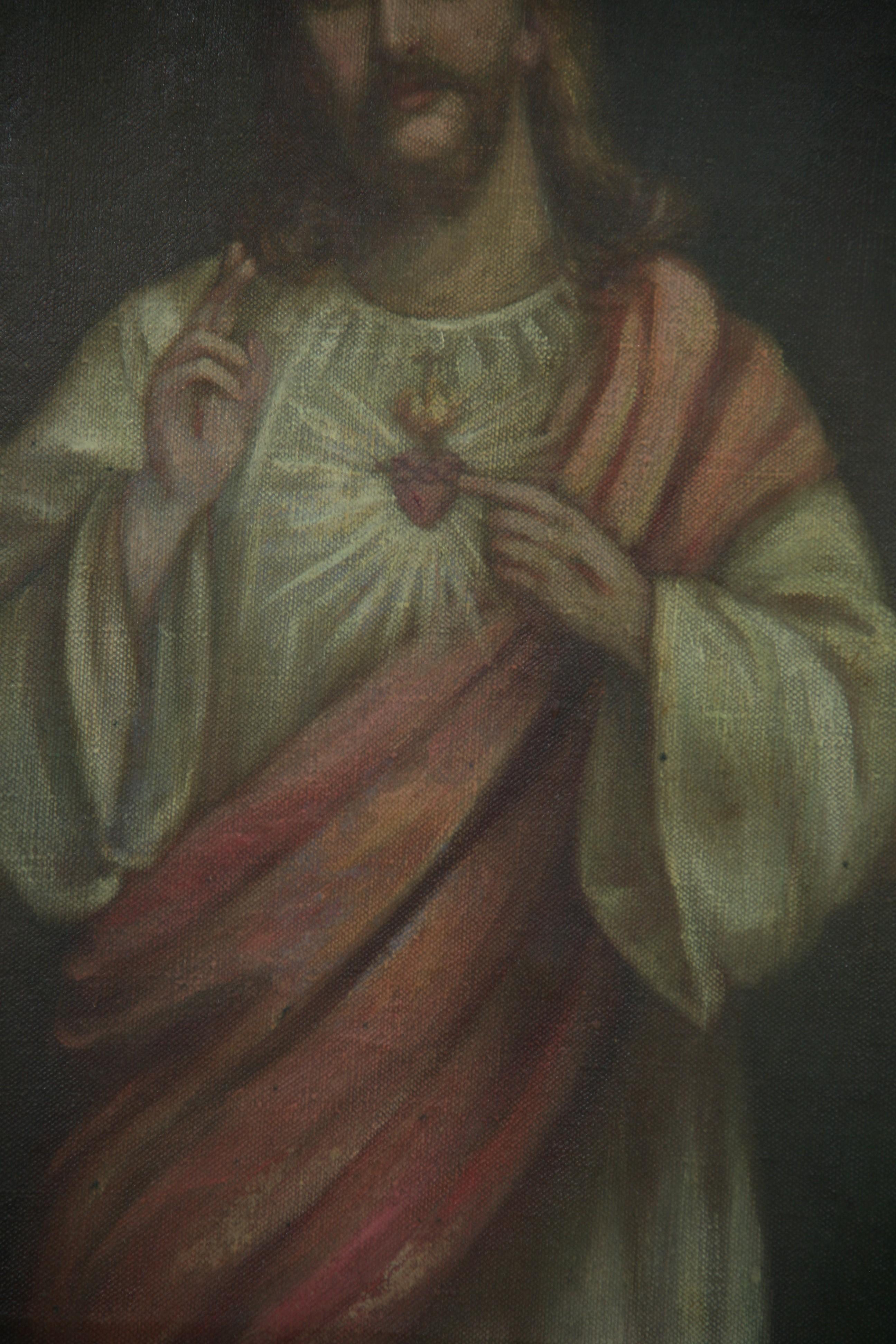 Antique Italian Religious Oil Painting of the Sacred Heart Circa 1840's 1