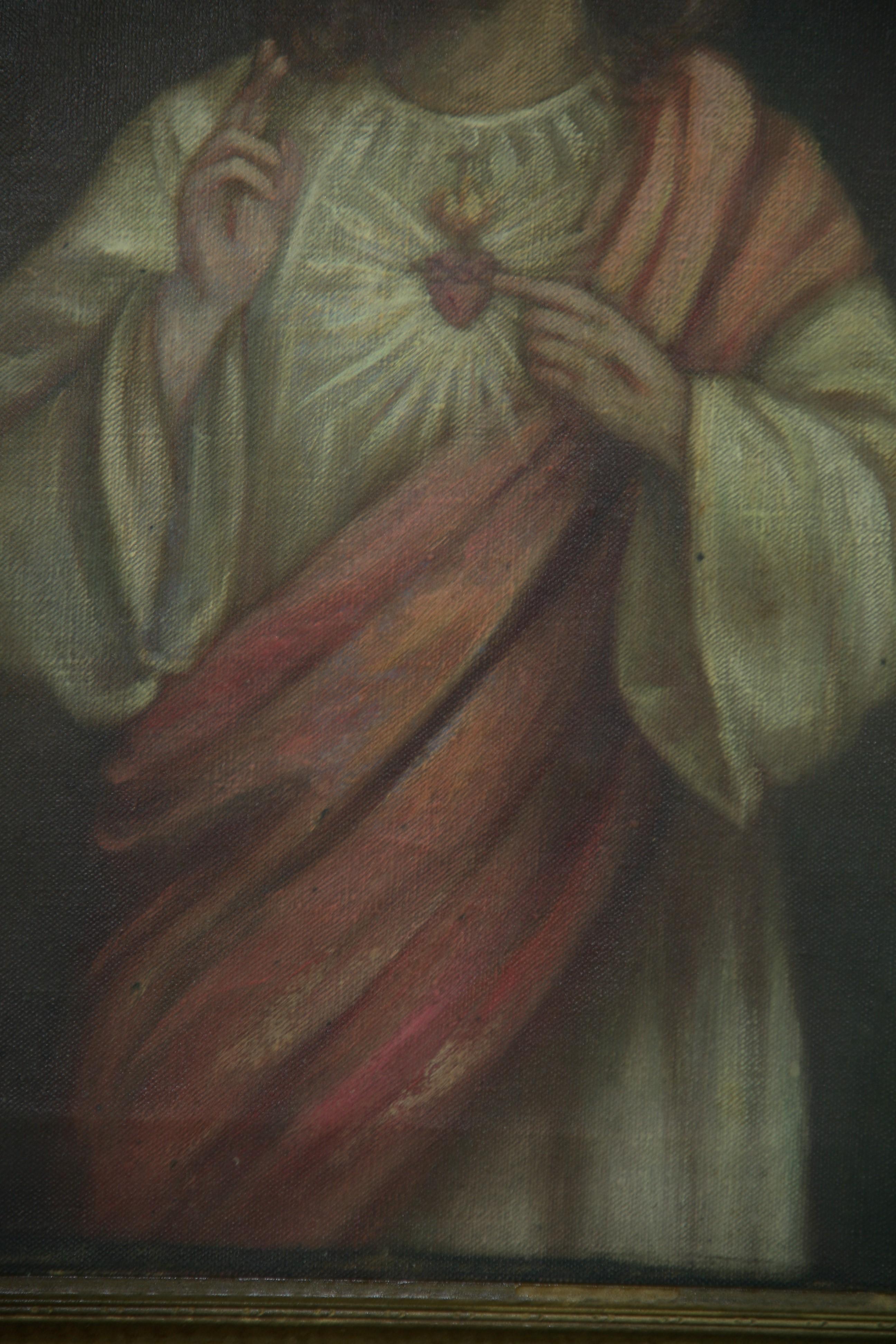 Antique Italian Religious Oil Painting of the Sacred Heart Circa 1840's 2