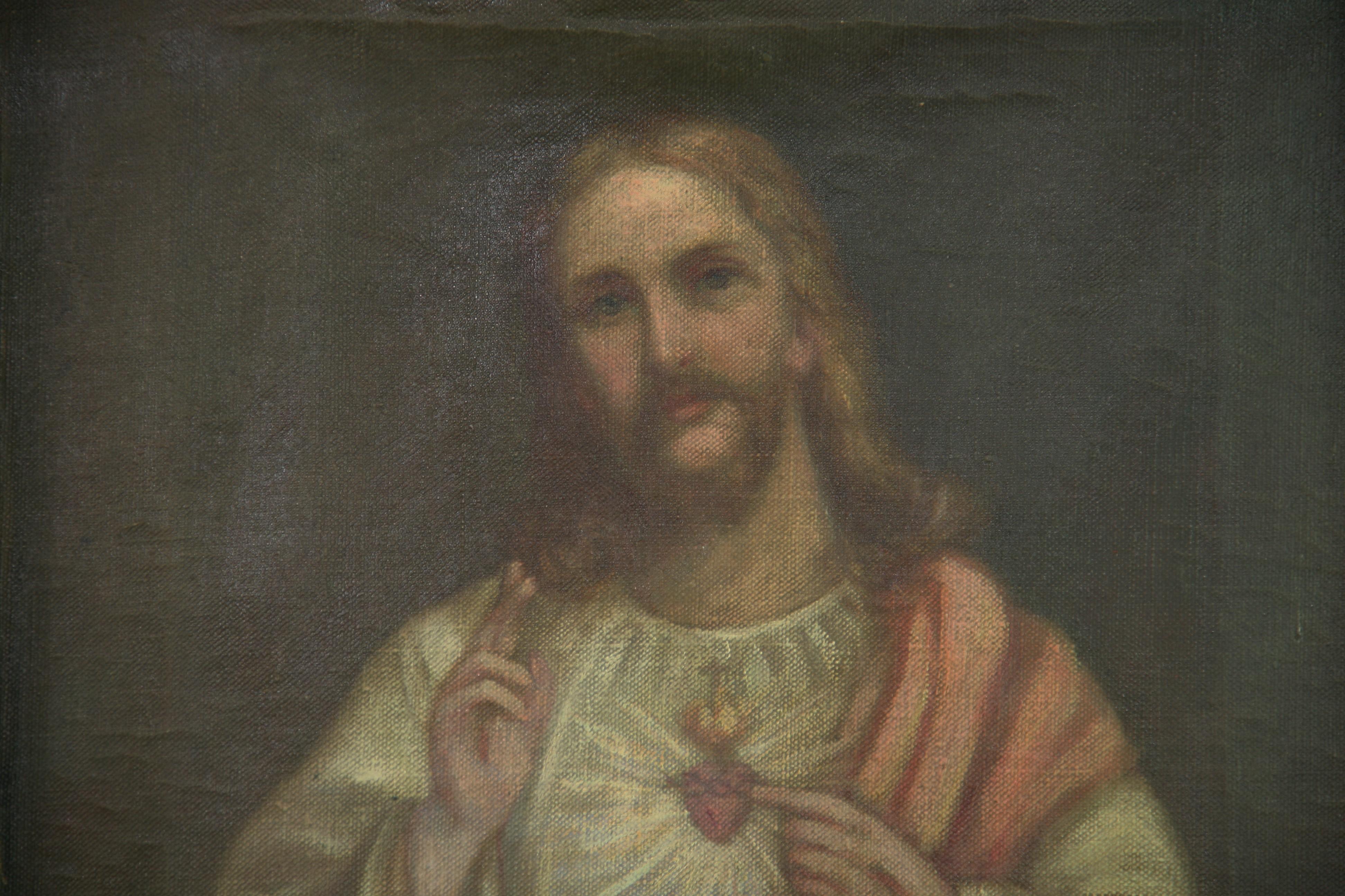 Antique Italian Religious Oil Painting of the Sacred Heart Circa 1840's 4