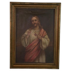 Antique Italian Religious Oil Painting of the Sacred Heart Circa 1840's