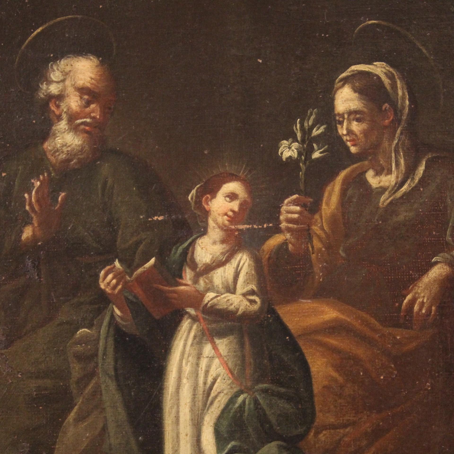 Ancient painting 18th century Italian. Opera ad oil on canvas depicting a religious subject Saint Joachim, the Madonna and Saint Anne of good pictorial quality. A dark background painting with various signs of aging, small color losses and some