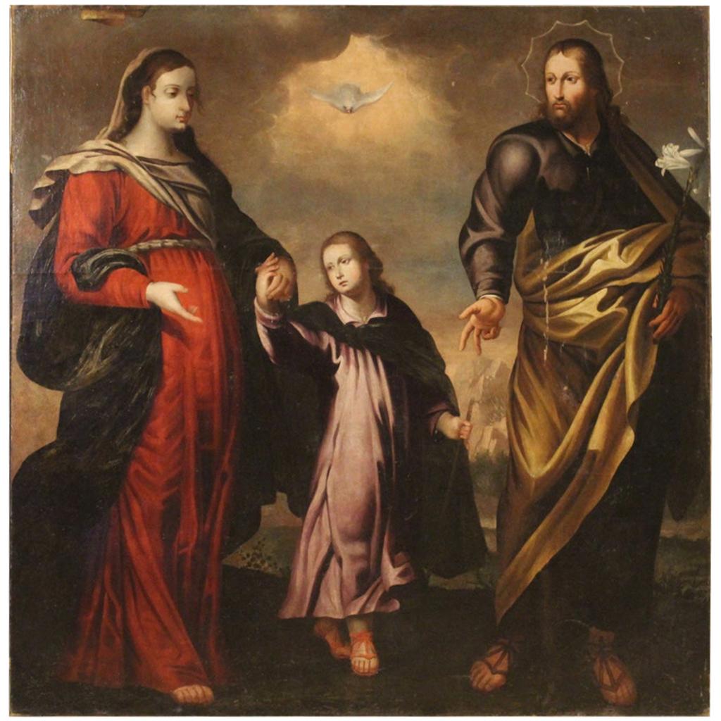 Antique Italian Religious Painting Holy Family from the 18th Century For Sale