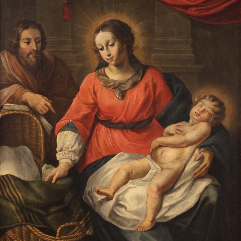 Ancient painting Italian from the first half of the 18th century. Opera ad oil on canvas depicting a religious subject Holy Family of good pictorial quality. Framework of good size and pleasant impact, however antiquarians, decorators and collectors