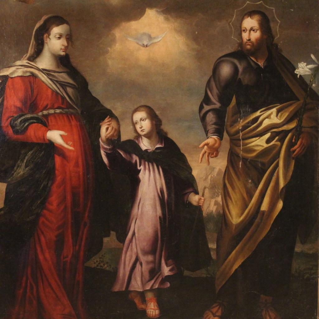 Ancient painting 18th century Italian. Opera oil on canvas, of great size and impact, depicting religious subject, Holy Family, of excellent pictorial quality. Painting that has undergone a conservative restoration and relined during the second half