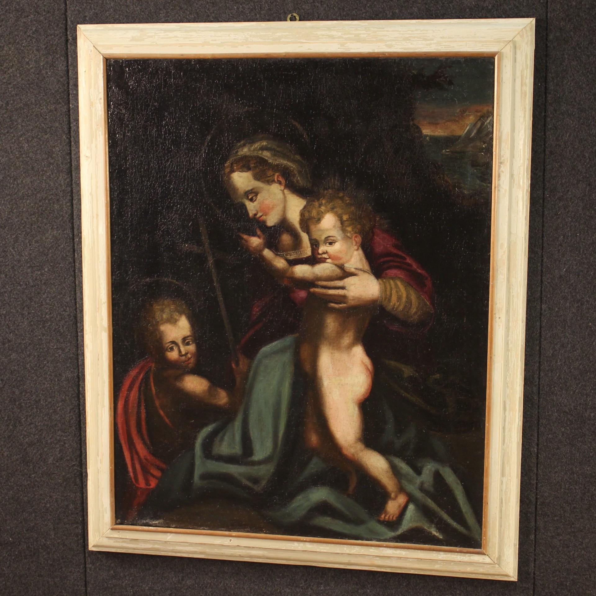 Antique Italian Religious Painting Madonna with Child and San Giovannino For Sale 7