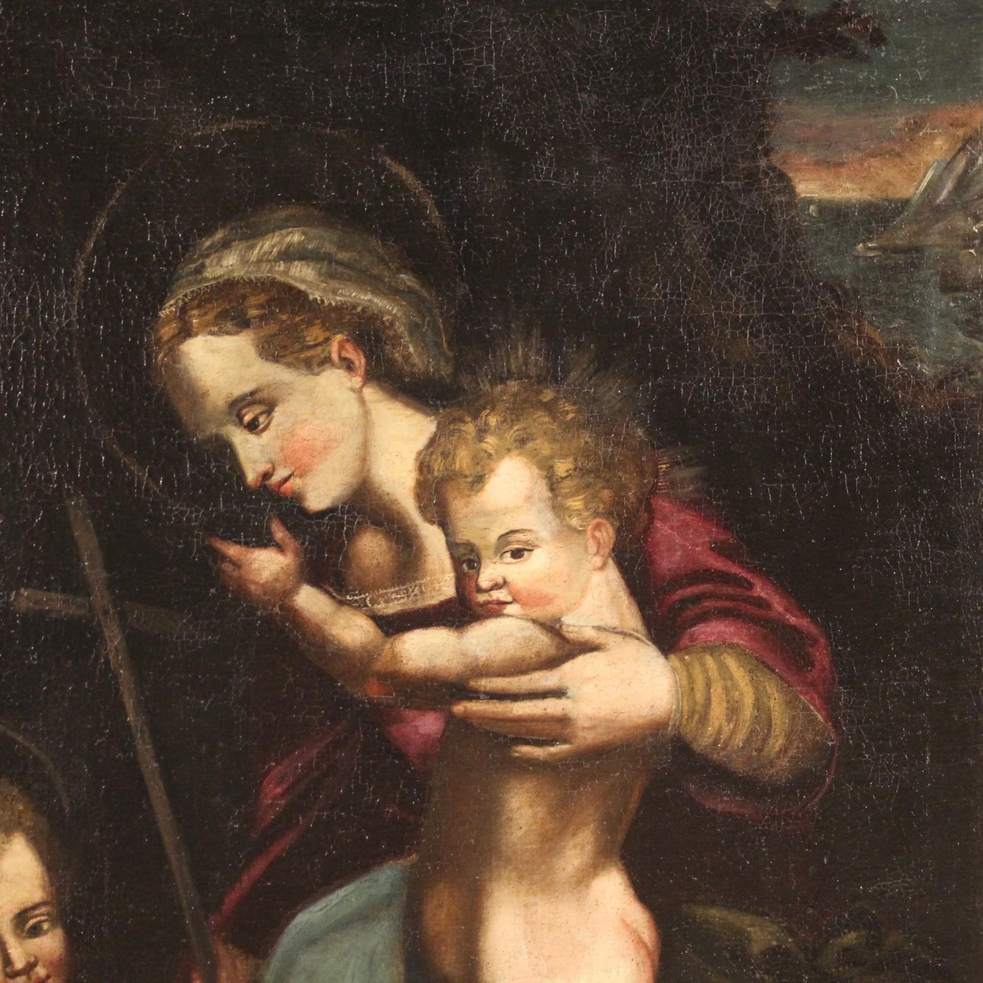 Antique Italian Religious Painting Madonna with Child and San Giovannino In Good Condition For Sale In London, GB