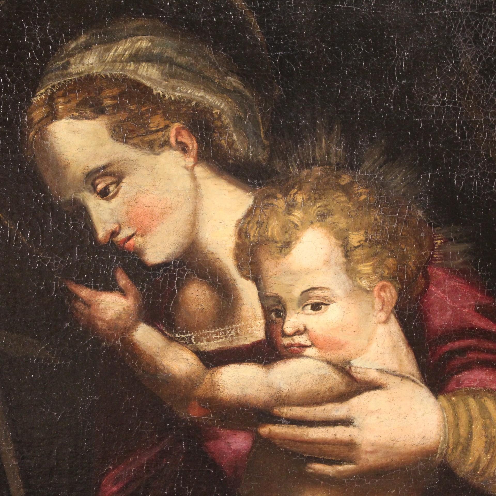 18th Century and Earlier Antique Italian Religious Painting Madonna with Child and San Giovannino For Sale