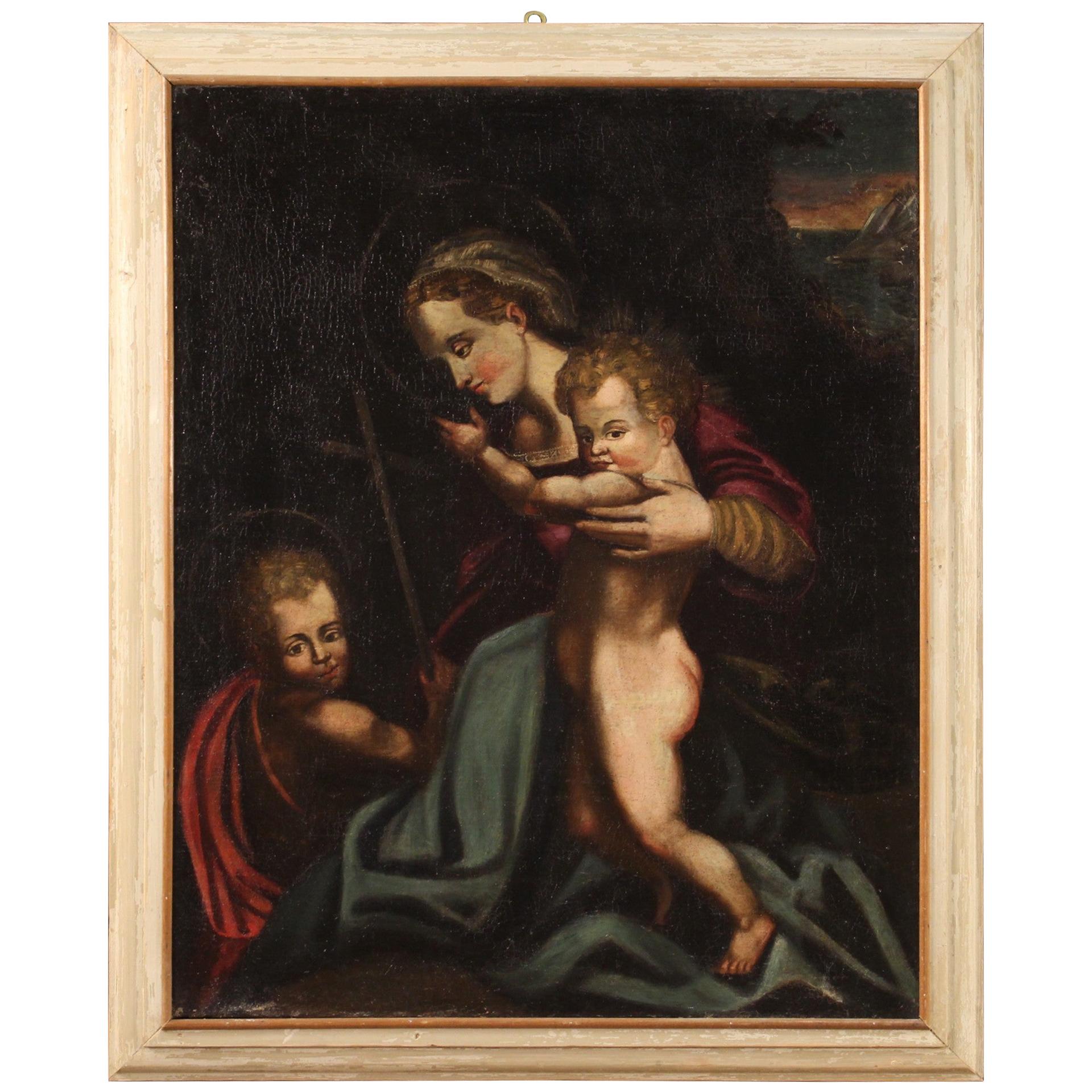 Antique Italian Religious Painting Madonna with Child and San Giovannino For Sale