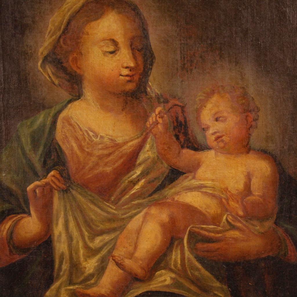 Ancient painting Italian of the late 18th century. Opera oil on canvas depicting a subject of sacred art Madonna with child of good pictorial quality. Nice size and pleasantly furnished picture, missing frame. Painted for antiquarians and collectors
