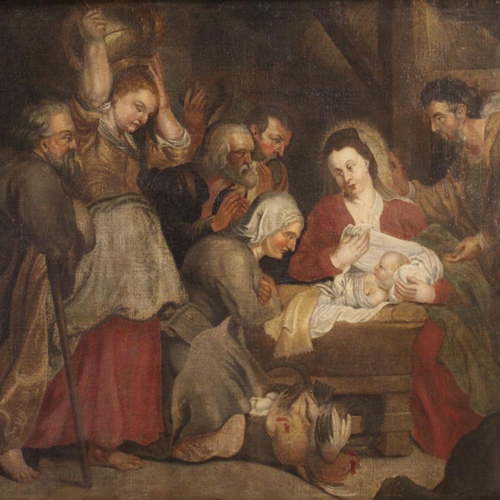 Ancient painting 18th century Italian. Opera oil on canvas, on the first canvas, depicting a religious subject of sacred art, Nativity with characters and angels. Picture of great measure and impact rich in decorative elements and details, for
