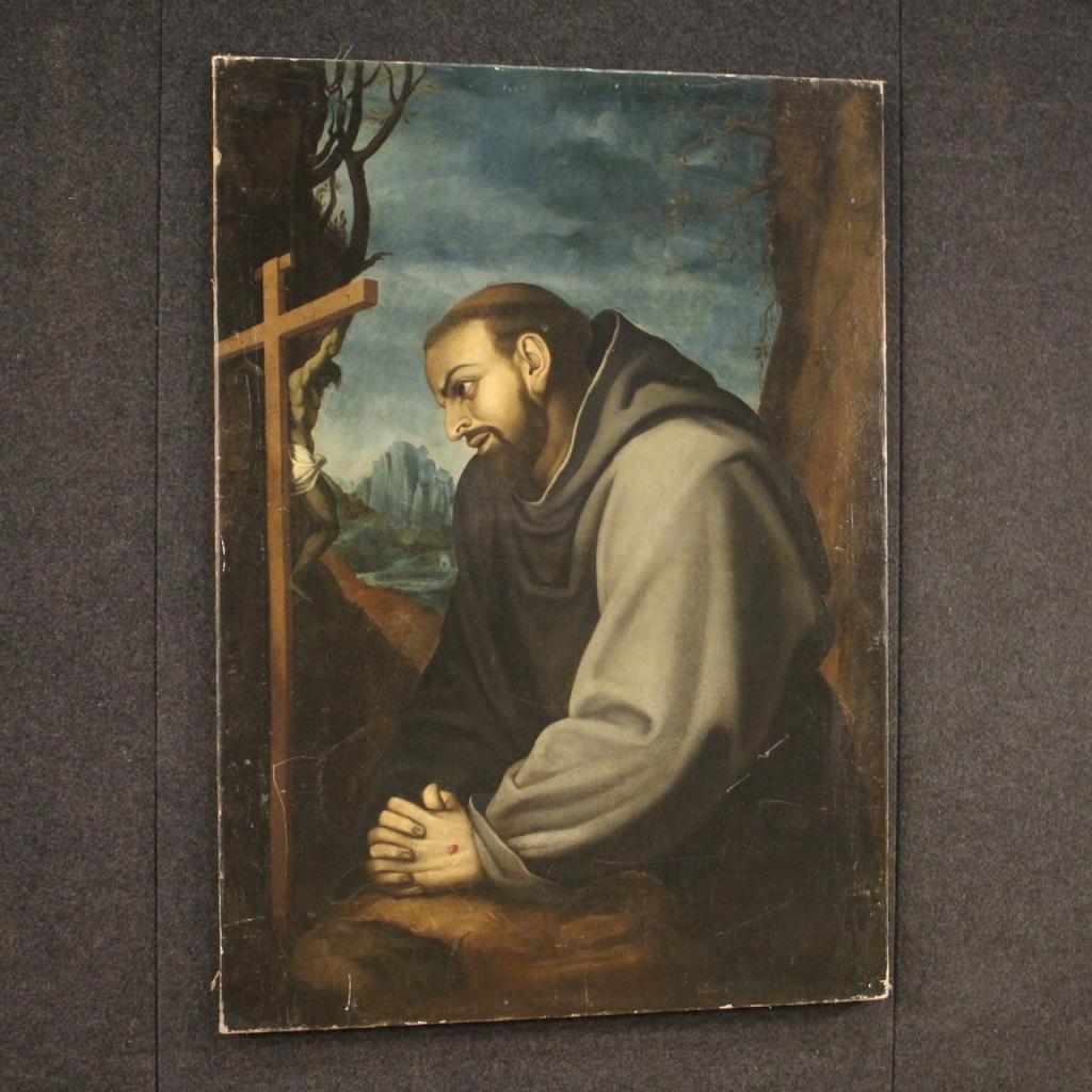 Antique Italian Religious Painting San Francesco from the 18th Century For Sale 4