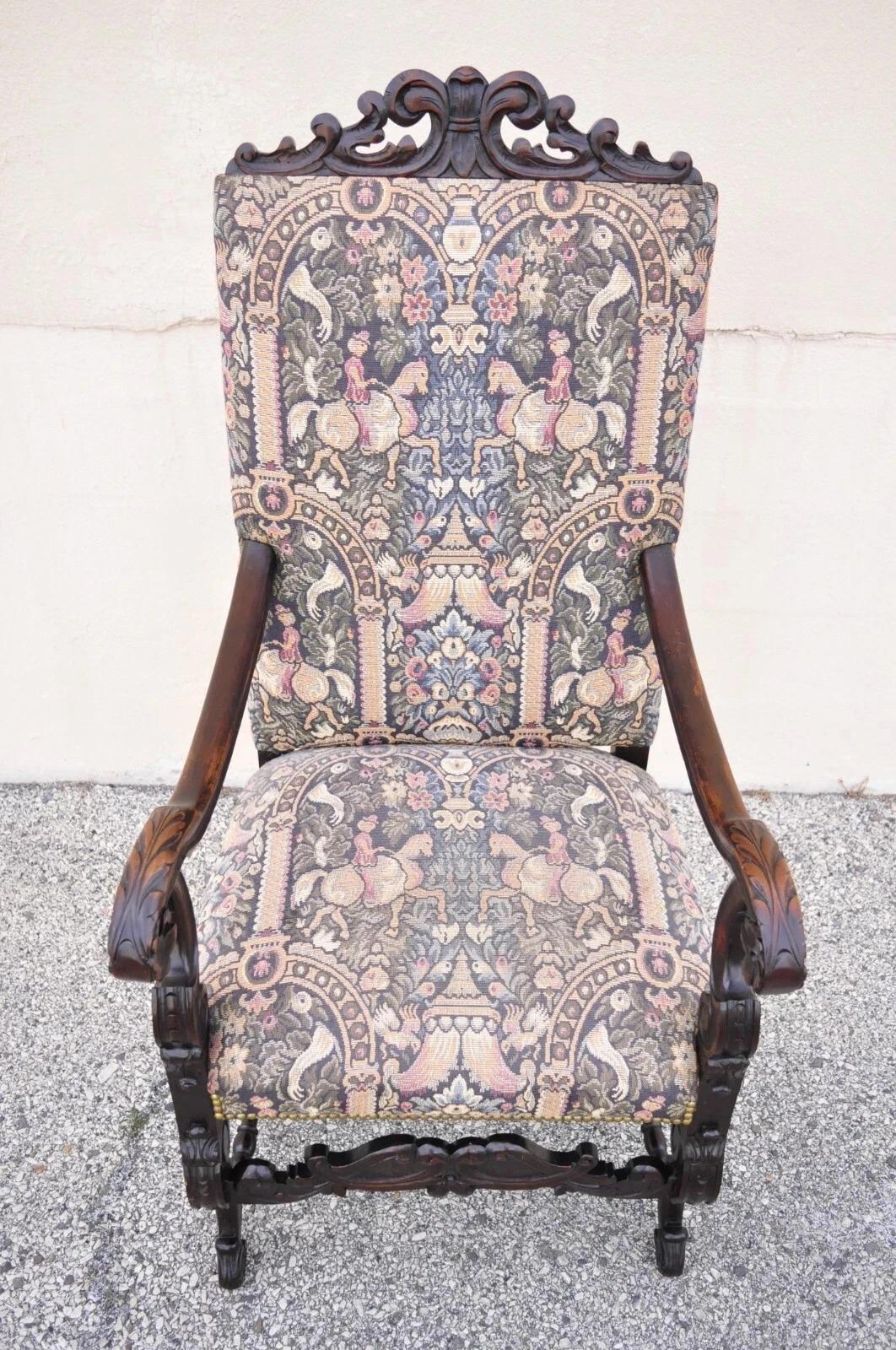 Ancienne chaise à accoudoirs en noyer sculpté et tapisserie Renaissance baroque italienne en vente 6