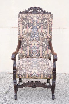Antique Italian Renaissance Baroque Tapestry Carved Walnut Throne Arm Chair