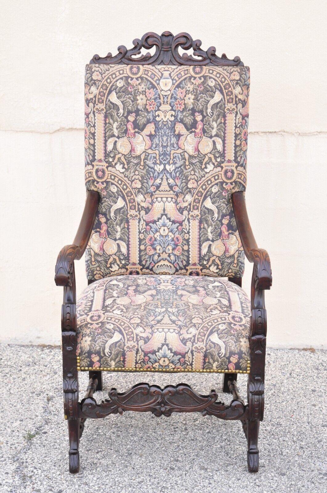 Antique Italian Renaissance Baroque tapestry throne lounge arm chair. Item features figural tapestry upholstery, stetcher base, solid wood frame, beautiful wood grain, nicely carved details, very nice vintage antique item. Circa Early