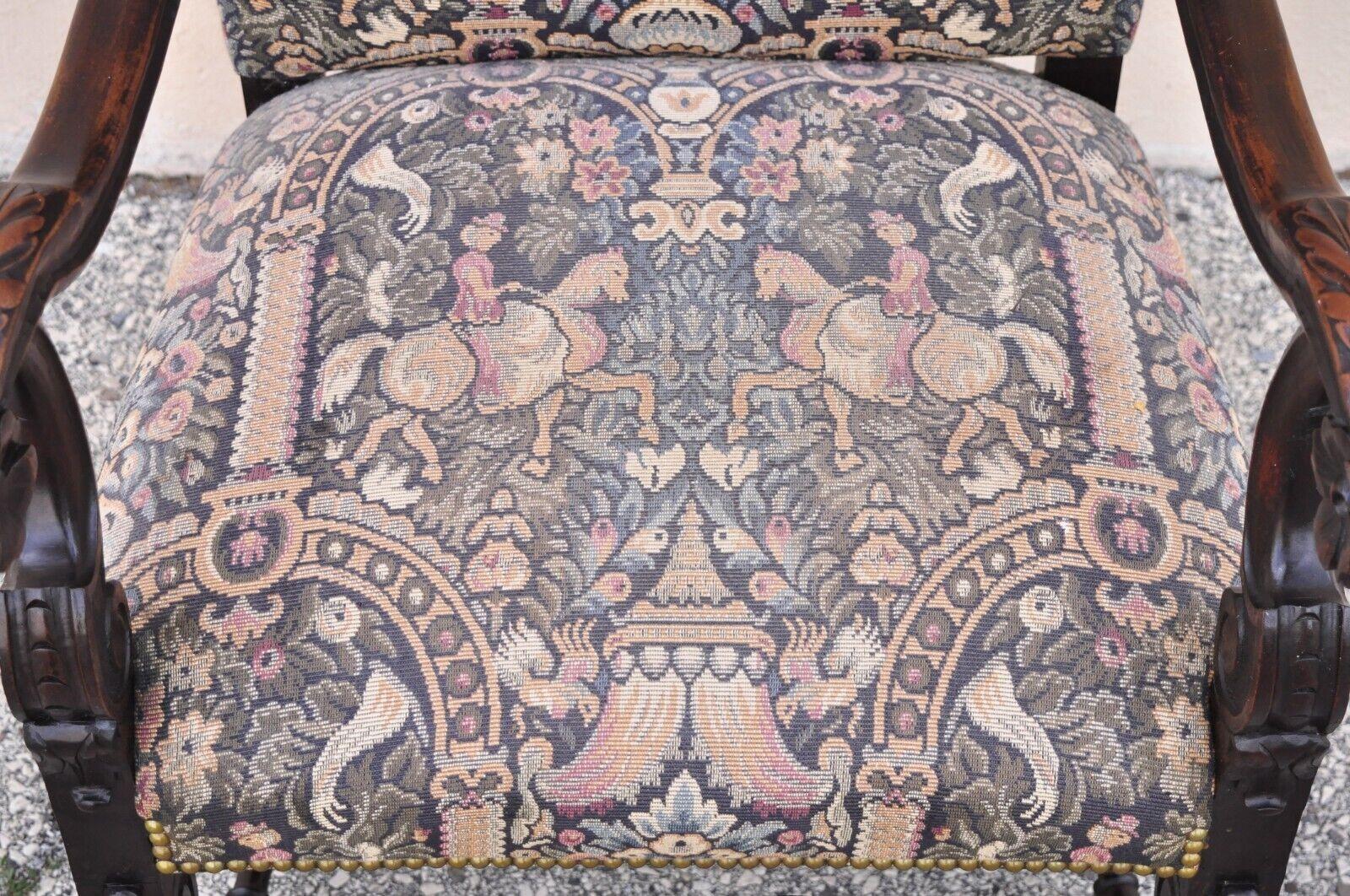 20th Century Antique Italian Renaissance Baroque Tapestry Throne Lounge Arm Chair For Sale