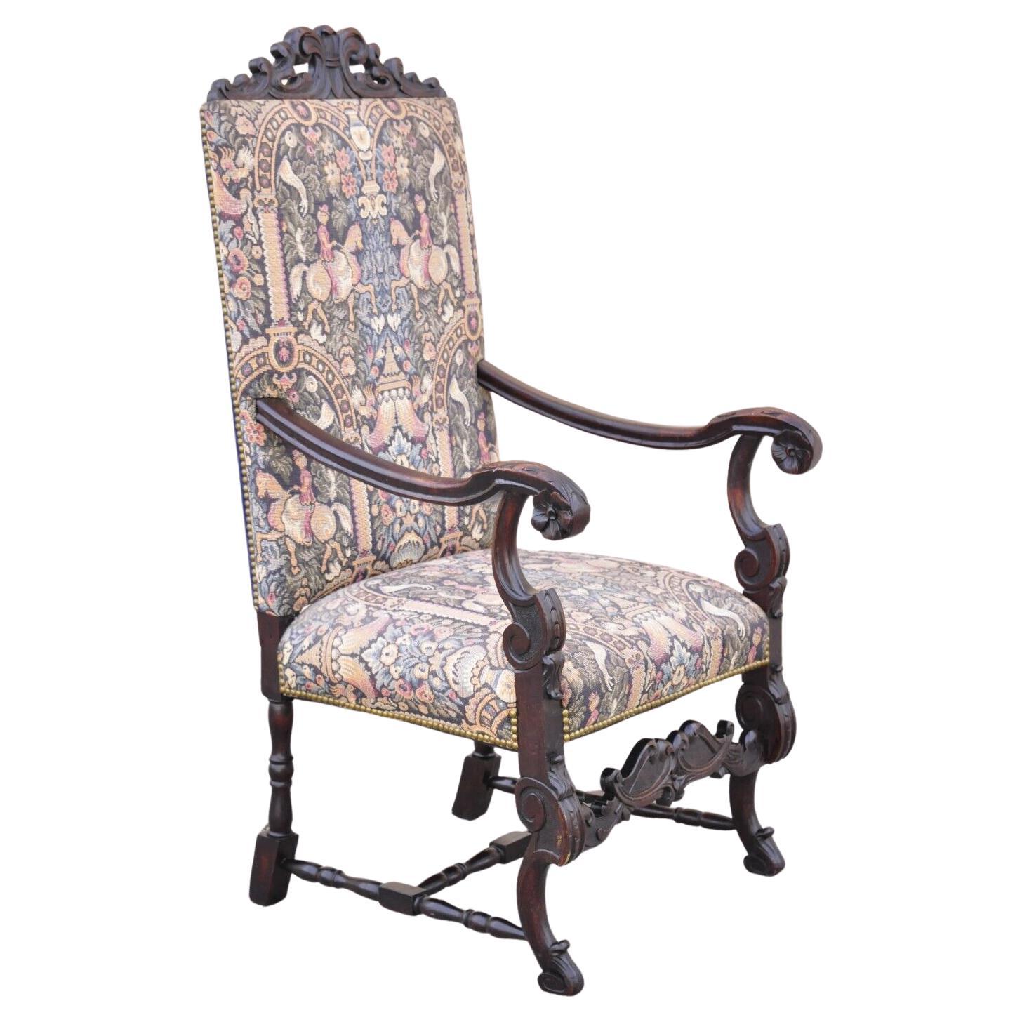 Antique Italian Renaissance Baroque Tapestry Throne Lounge Arm Chair