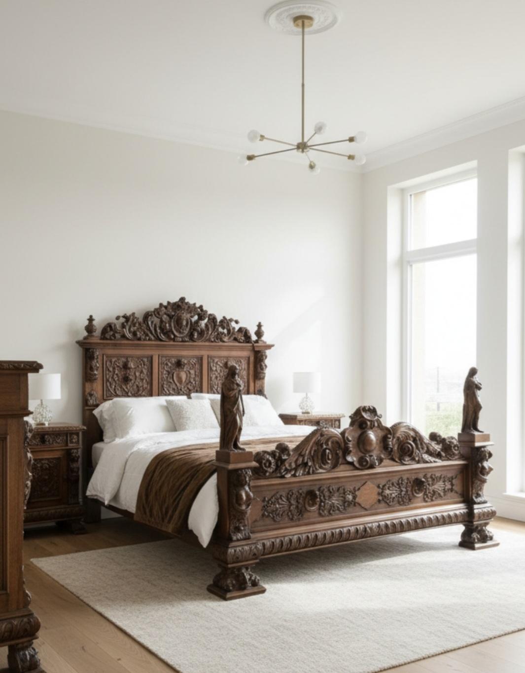 Cet ensemble de chambre à coucher 5 pièces, absolument magnifique et rare, est une œuvre d'art fantastique. La chambre à coucher comprend un fabuleux lit lourdement sculpté avec des statues féminines au pied du lit. Ce lit king-size est doté d'une