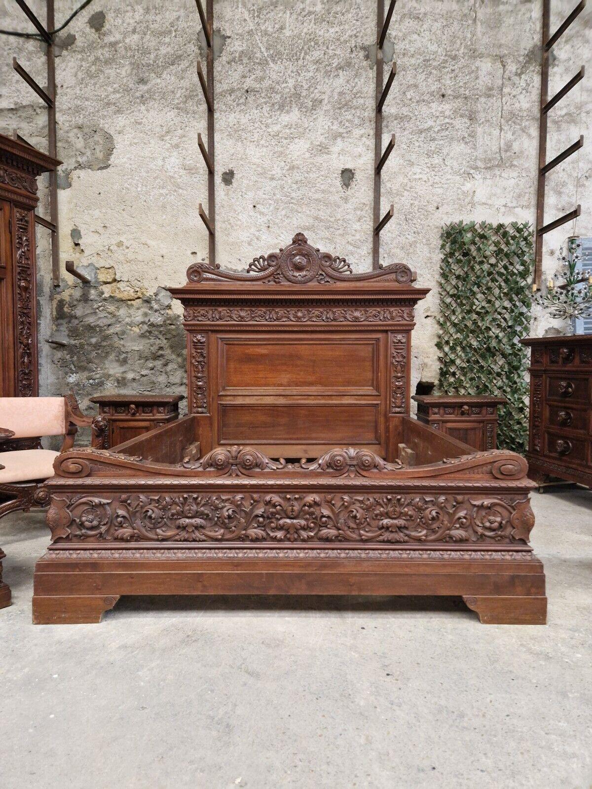 
This exquisite 7-piece bedroom set features a magnificent king-size bed with an impressive Renaissance-style headboard and footboard, crafted from beautiful walnut wood. The bed has a fabulous large heavily carved side rails. The set and comes with