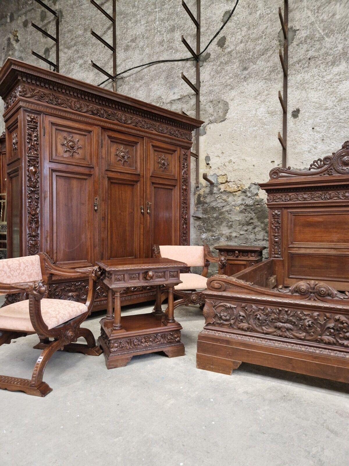 Antique Italian Renaissance Bedroom Set 7 Pieces King Size Bed 2