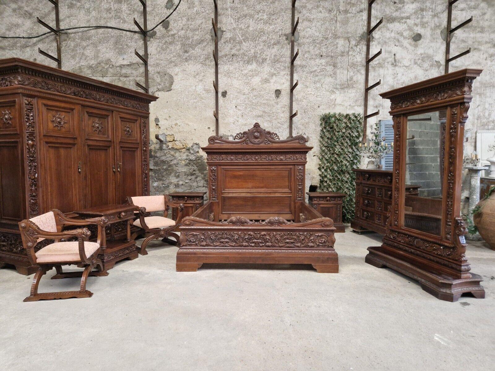 Antique Italian Renaissance Bedroom Set 7 Pieces King Size Bed 3